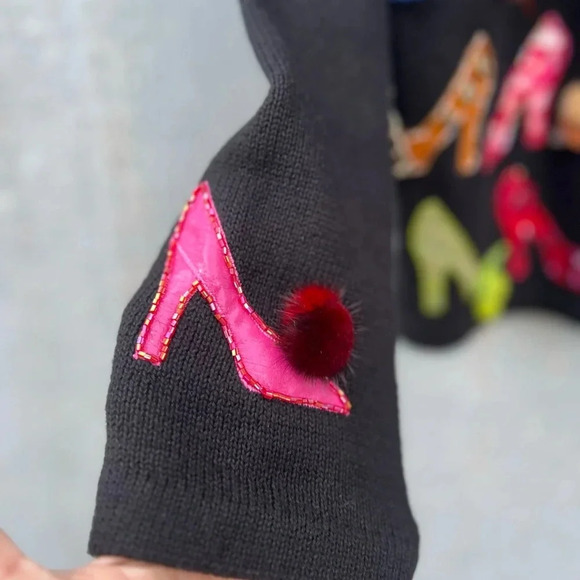 Women's Black Cardigan with Colorful Shoe Design - Picture 3 of 5